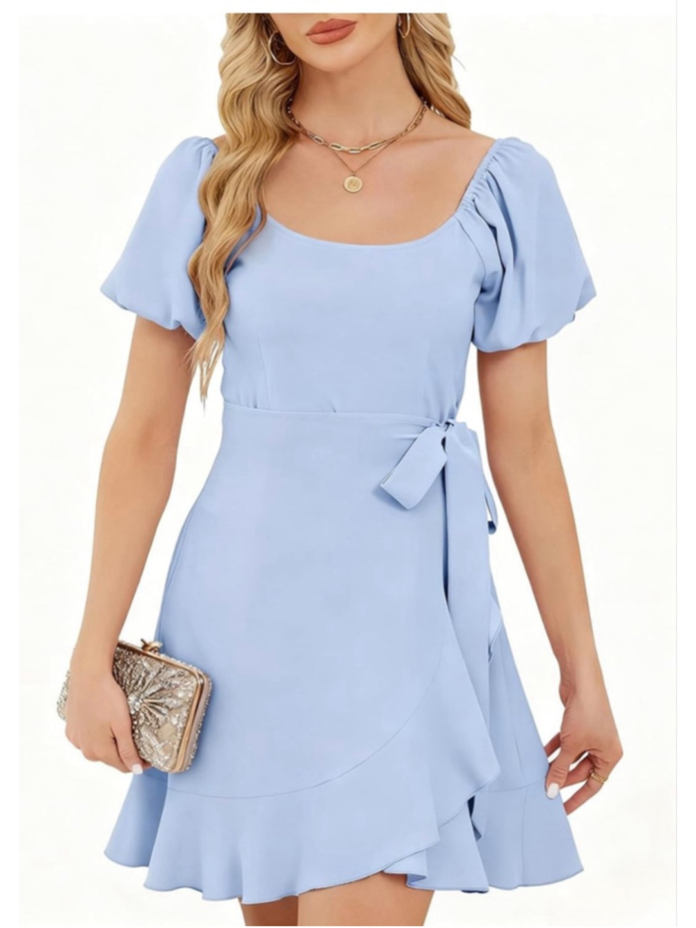 NEW Puffed Sleeve Round Neck Apron Mini Dress M